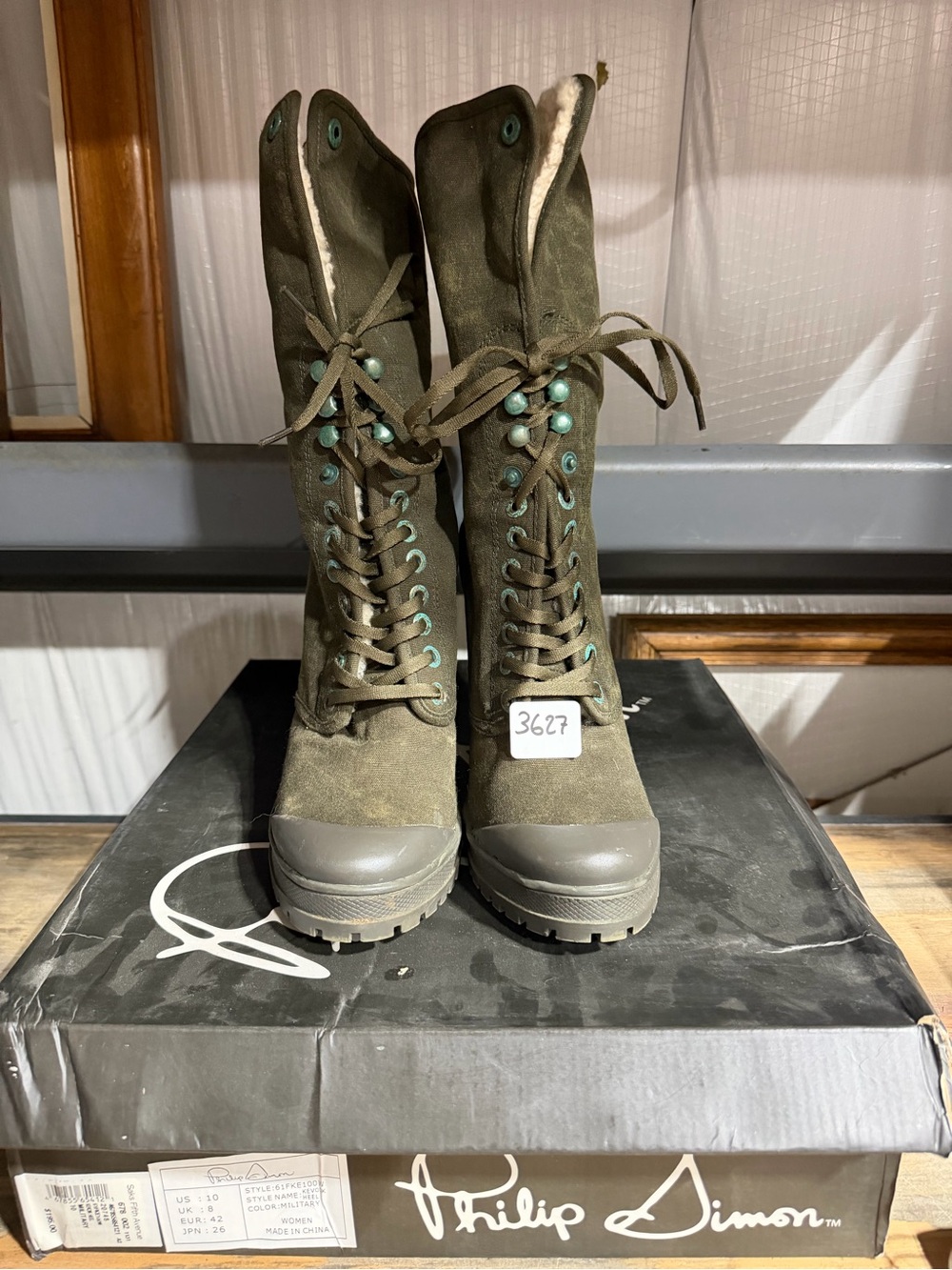 #3627-Philip Simon Olive Green Suede Lace-Up Women's Boots